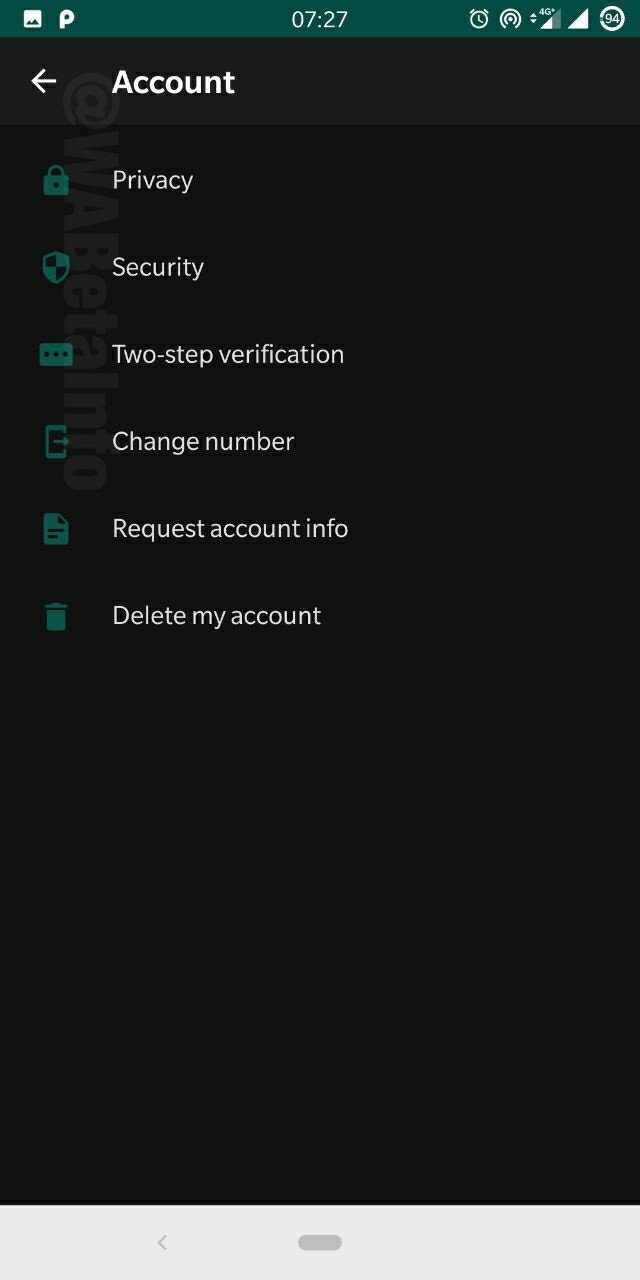Configurações de conta no Dark Mode Whatsapp