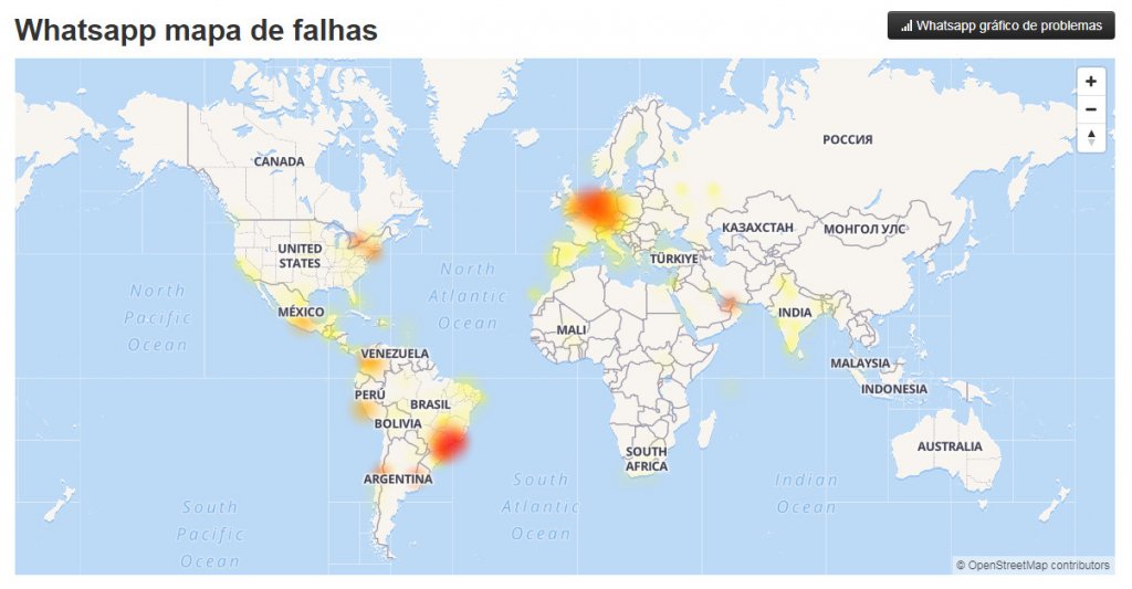 Mapa de falhas do Whatsapp fora do ar no mundo e no Brasil
