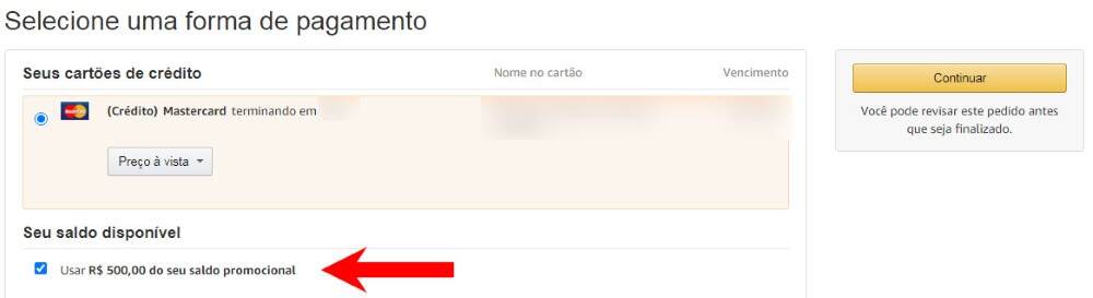 Cupom de 500 reais adicionado na compra da Amazon