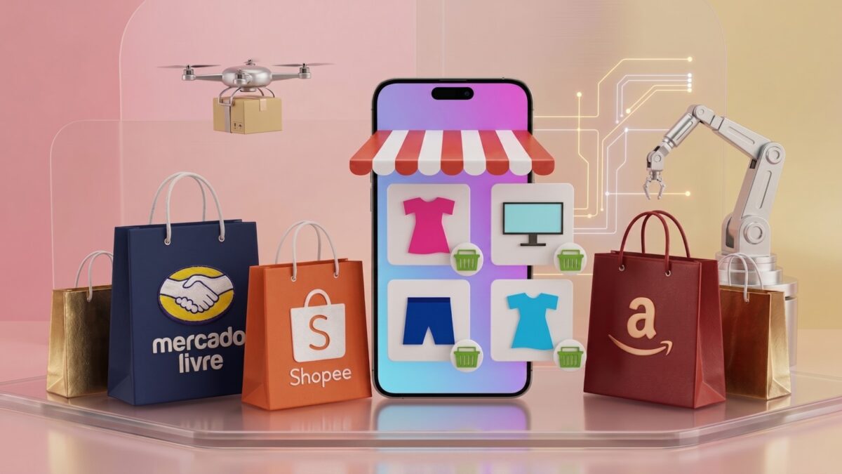 Imagem que representa o funcionamente de Marketplaces famosos como Mercado Livre, Amazon, Shopee e outros