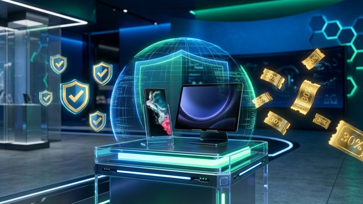 Renderização 3D de smartphone e tablet Samsung sobre pedestal tecnológico com escudo de segurança holográfico e vouchers de cupons de desconto