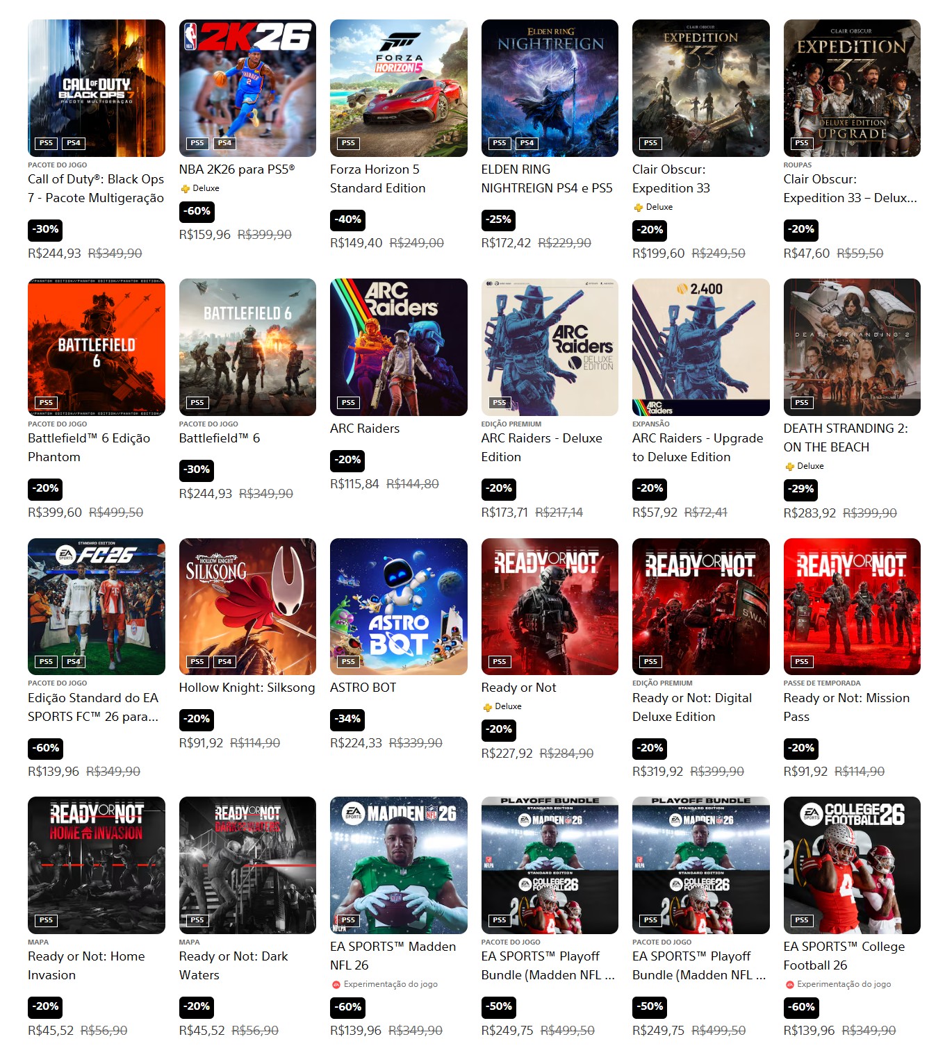 Exemplo de jogos em promoção de férias na loja da sony 