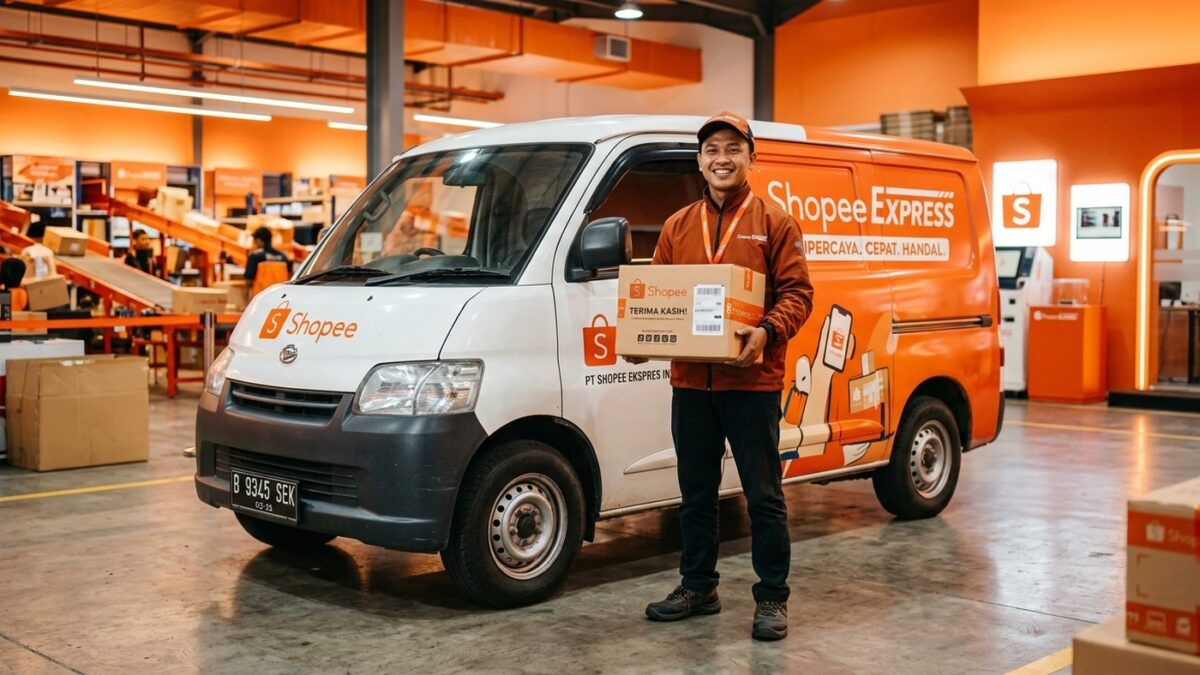 Entregador da Shopee Express com furgão de entregas e caixa de produto