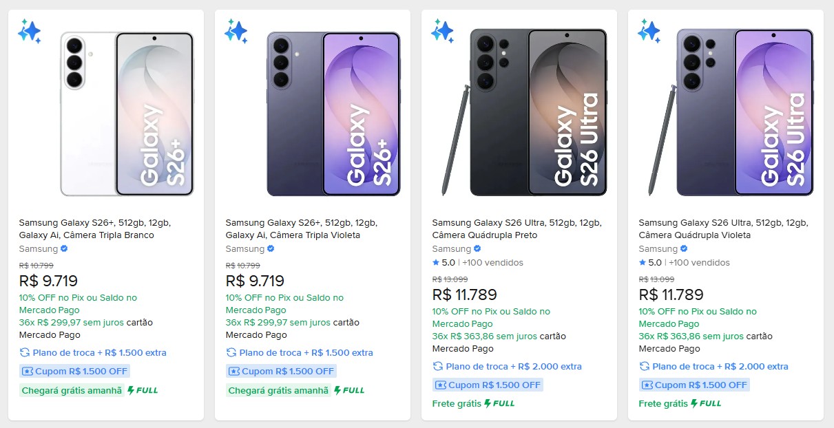 Galaxy S26 Ultra e Galaxy S26 Plus em cupom Mercado Livre