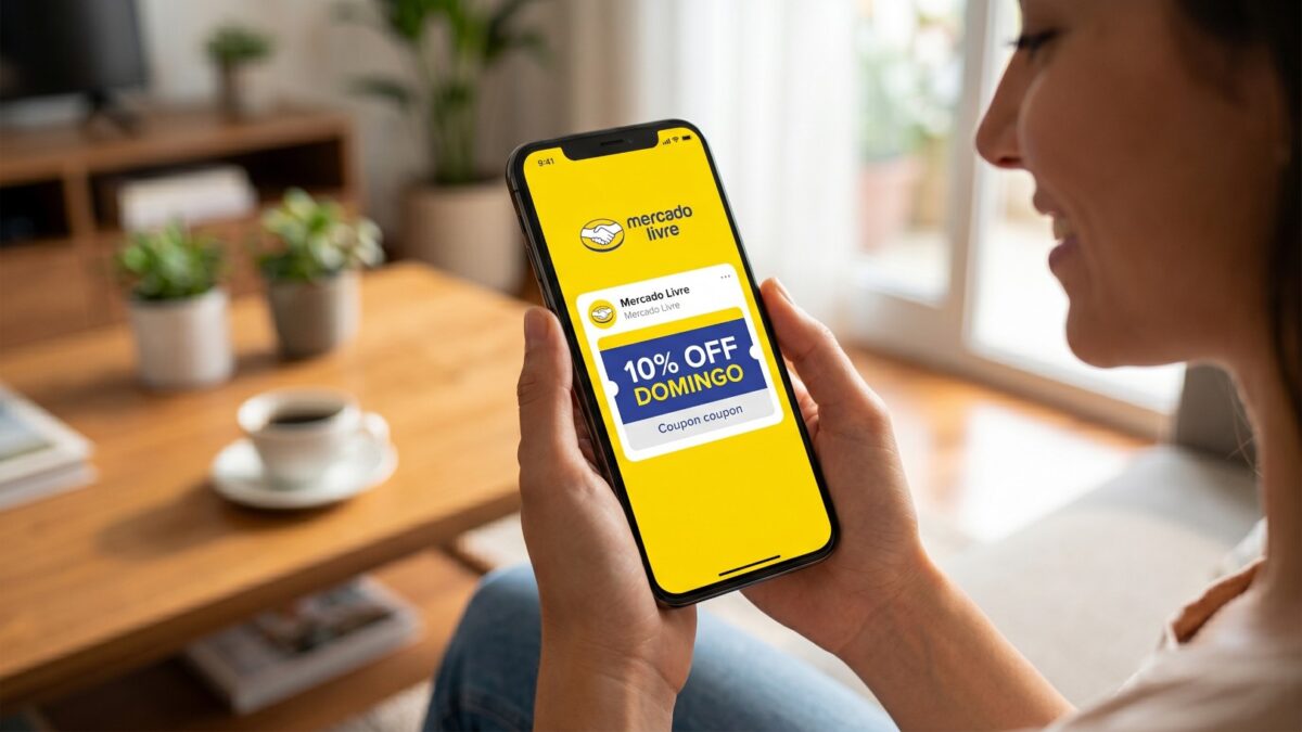 Smartphone exibindo o aplicativo do Mercado Livre com destaque para a promoção de cupom de desconto no domingo