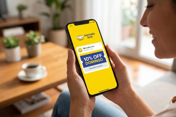 Smartphone exibindo o aplicativo do Mercado Livre com destaque para a promoção de cupom de desconto no domingo