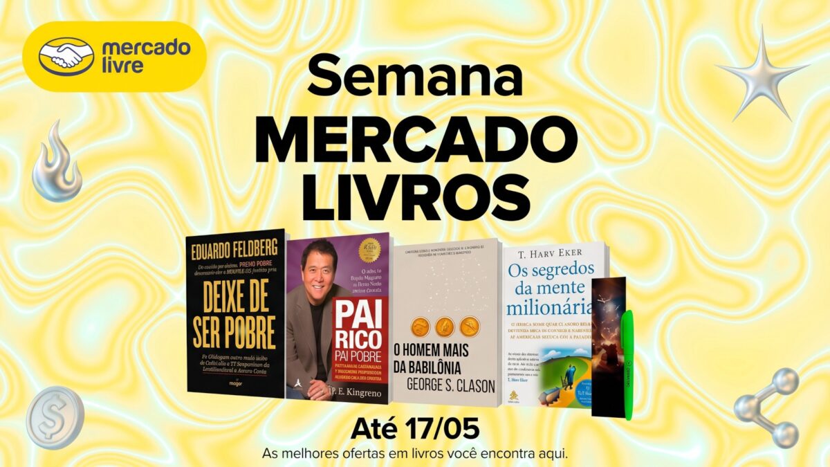 Pilha de livros diversos com selo de promoção do Mercado Livre