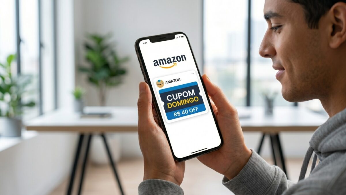 Smartphone com tela amarela exibindo o aplicativo da Amazon com destaque para a notificação de cupom de desconto de domingo