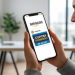Smartphone com tela amarela exibindo o aplicativo da Amazon com destaque para a notificação de cupom de desconto de domingo