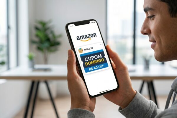 Smartphone com tela amarela exibindo o aplicativo da Amazon com destaque para a notificação de cupom de desconto de domingo