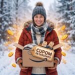 Pessoa agasalhada segurando uma caixa da Amazon em um ambiente frio.