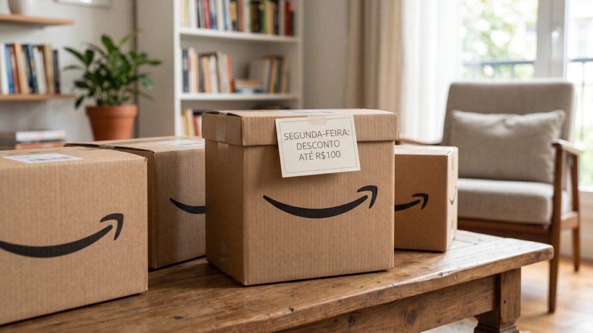Sacolas de compras da Amazon com indicação de desconto de até 100 reais nesta segunda-feira