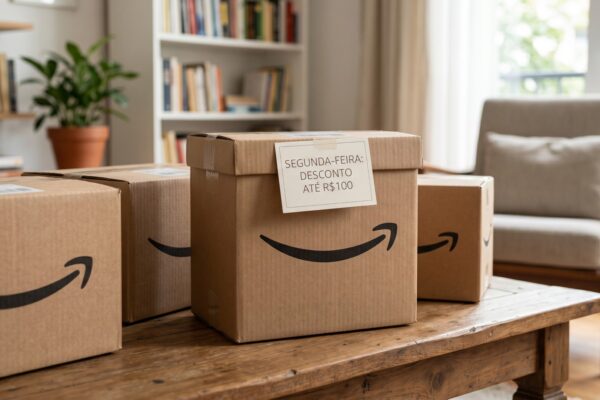 Sacolas de compras da Amazon com indicação de desconto de até 100 reais nesta segunda-feira