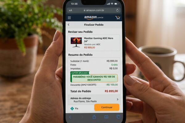 Smartphone exibindo tela de compras com aplicativo da Amazon e destaque para desconto surpresa