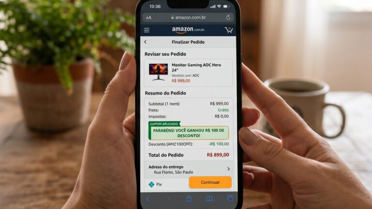 Smartphone exibindo tela de compras com aplicativo da Amazon e destaque para desconto surpresa