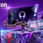 Ilustração temática da Semana Gamer Amazon com destaque para cupons de desconto e ofertas especiais