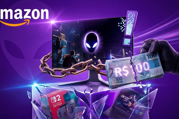 Ilustração temática da Semana Gamer Amazon com destaque para cupons de desconto e ofertas especiais