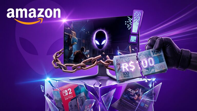 Ilustração temática da Semana Gamer Amazon com destaque para cupons de desconto e ofertas especiais