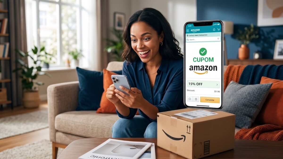 Ilustração destacando novo cupom de desconto da Amazon com desconto de 15% em fundo promocional.