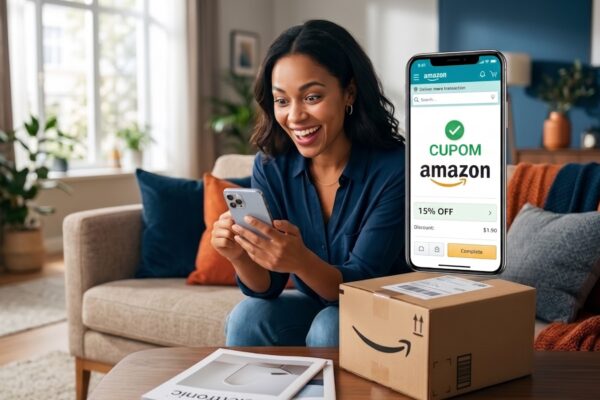 Ilustração destacando novo cupom de desconto da Amazon com desconto de 15% em fundo promocional.