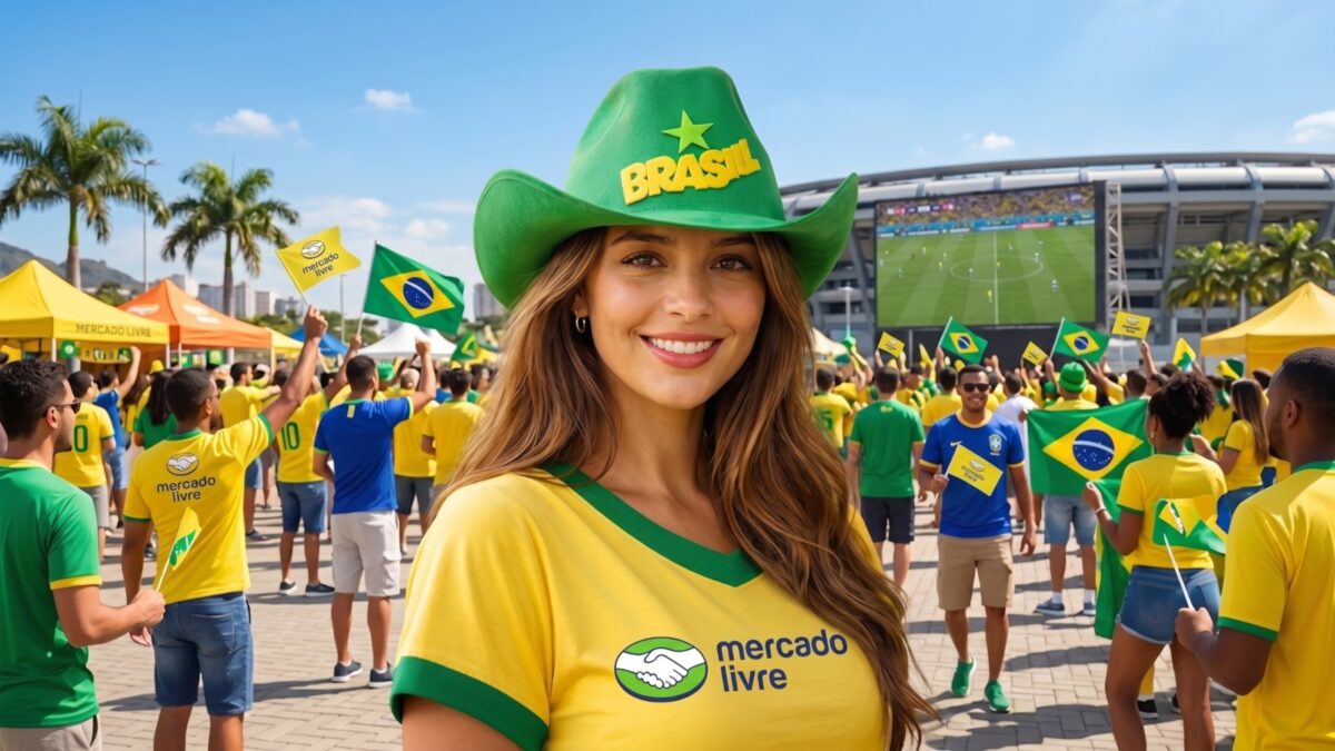 Torcida com logo do Mercado Livre e copa do mundo
