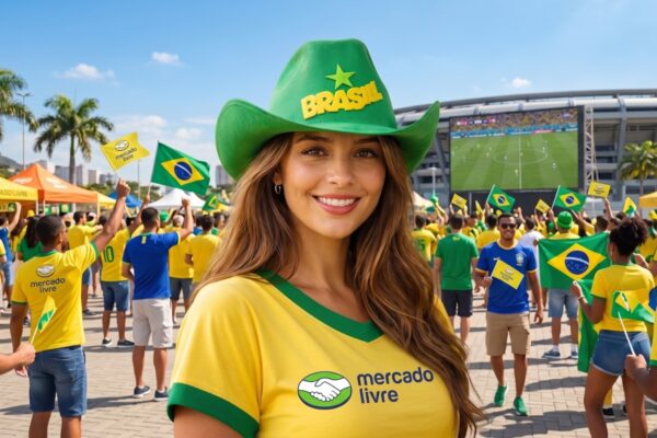 Torcida com logo do Mercado Livre e copa do mundo