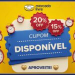 Variedade de cupons de desconto do Mercado Livre ilustrados sobre fundo temático de compras