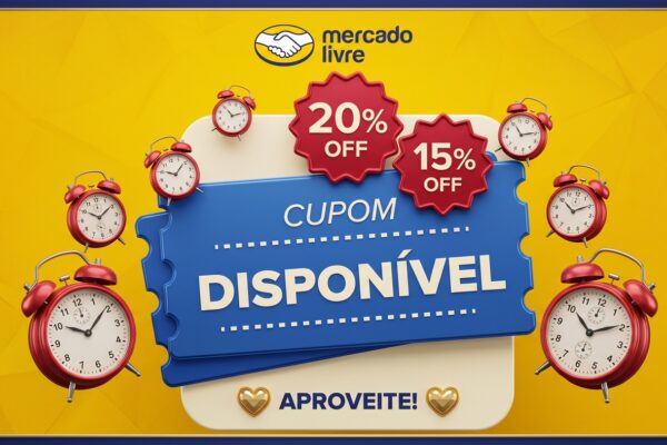 Variedade de cupons de desconto do Mercado Livre ilustrados sobre fundo temático de compras