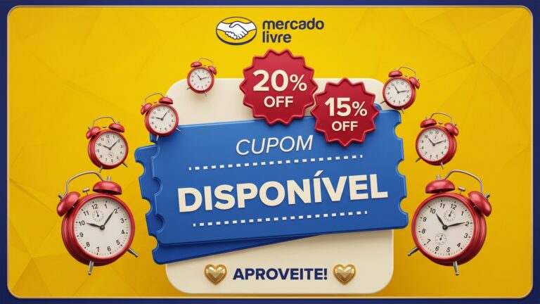 Variedade de cupons de desconto do Mercado Livre ilustrados sobre fundo temático de compras