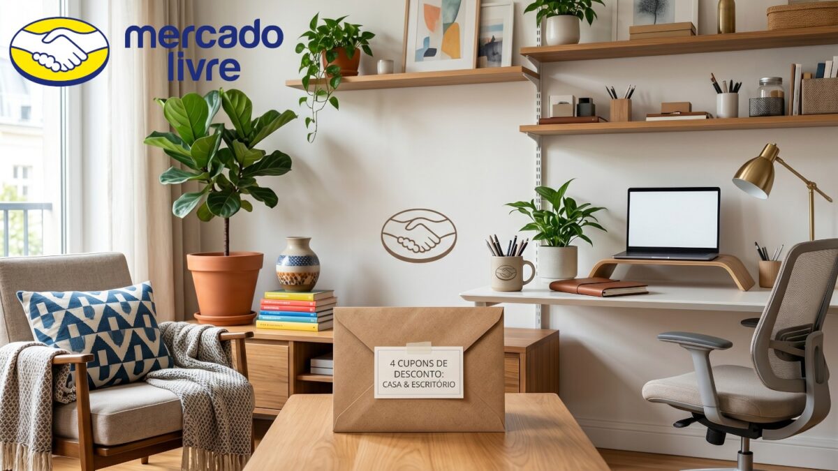 Uma seleção de produtos para casa e escritório reunidos em uma sala bem iluminada com o logo do Mercado Livre indicando cupons de desconto