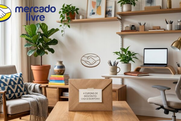 Uma seleção de produtos para casa e escritório reunidos em uma sala bem iluminada com o logo do Mercado Livre indicando cupons de desconto