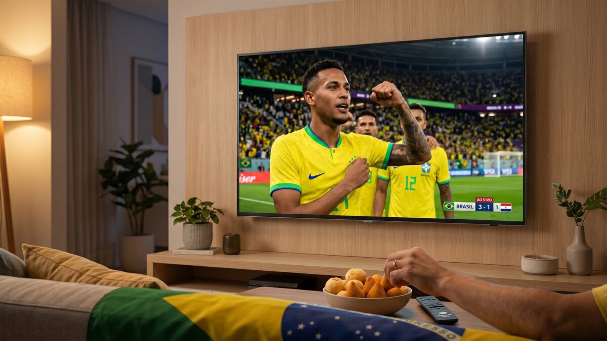 Smart TV de tela grande exibindo uma partida de futebol