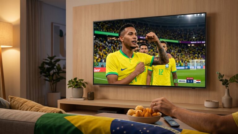 Smart TV de tela grande exibindo uma partida de futebol