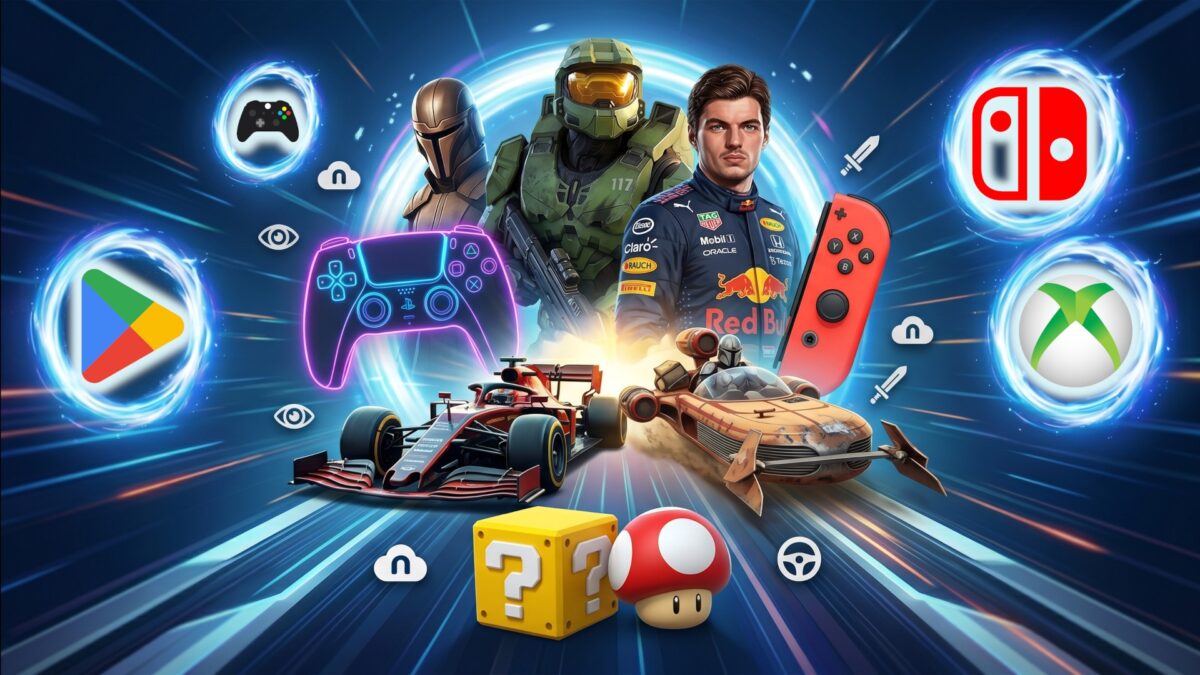 Logotipo da Nuuvem com elementos de jogos eletrônicos e selos de desconto promocional