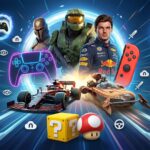 Logotipo da Nuuvem com elementos de jogos eletrônicos e selos de desconto promocional