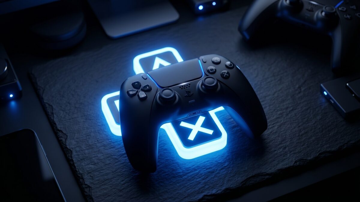 Controle de PlayStation 5 em fundo escuro com o logotipo iluminado do PS Plus em destaque.