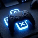 Controle de PlayStation 5 em fundo escuro com o logotipo iluminado do PS Plus em destaque.