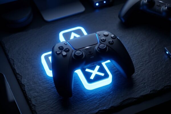 Controle de PlayStation 5 em fundo escuro com o logotipo iluminado do PS Plus em destaque.