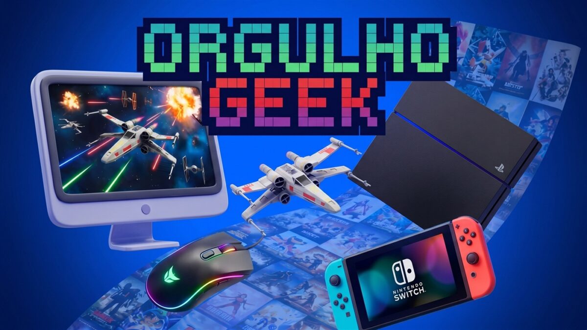 Variedade de produtos eletrônicos e bonecos colecionáveis geeks organizados sobre uma mesa iluminada com tons de azul e roxo.