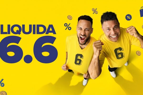 Promoção Liquida 6.6 Mercado Livre com Neymar e Ronaldinho destacando descontos de até 70%