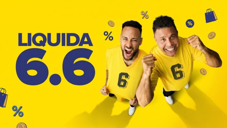 Promoção Liquida 6.6 Mercado Livre com Neymar e Ronaldinho destacando descontos de até 70%