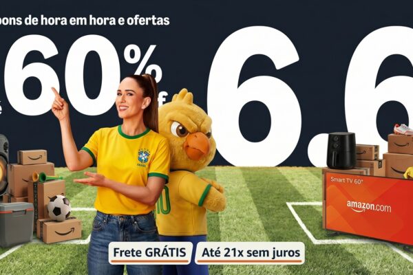 Banner promocional da Amazon 6.6 destacando descontos de até 60% em tecnologia e casa.