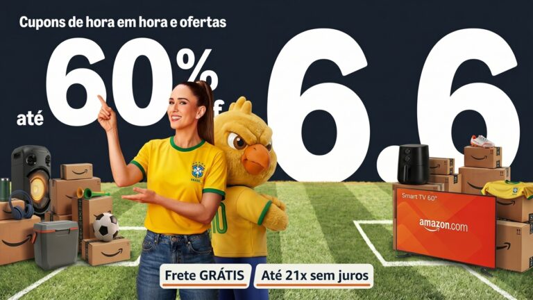 Banner promocional da Amazon 6.6 destacando descontos de até 60% em tecnologia e casa.
