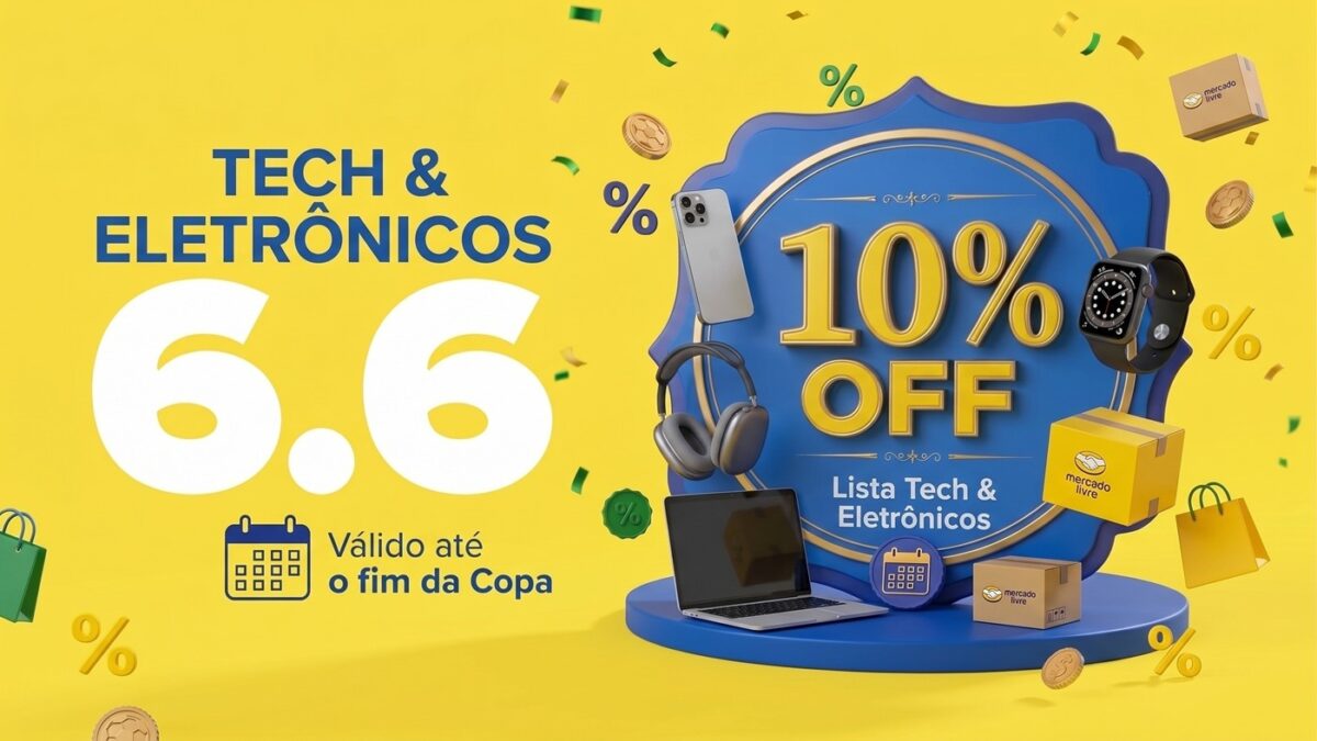 Banner promocional do Mercado Livre 6.6 destacando o cupom de 10% de desconto em eletrônicos e eletrodomésticos.