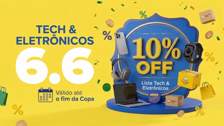 Banner promocional do Mercado Livre 6.6 destacando o cupom de 10% de desconto em eletrônicos e eletrodomésticos.