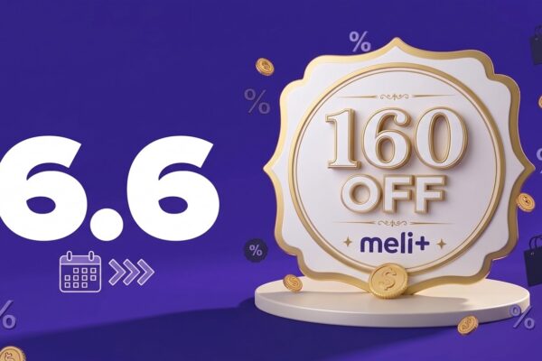 Logotipo do Mercado Livre Meli destacando vantagem em cupons de desconto durante o evento 6.6.