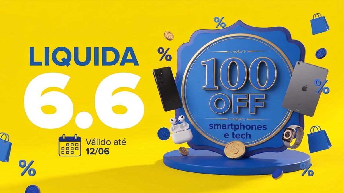 Banner promocional Mercado Livre 6.6 com foco em tecnologia e smartphones com desconto.