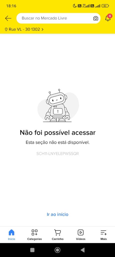 Print de erro no aplicativo mobile do Mercado Livre fora do ar