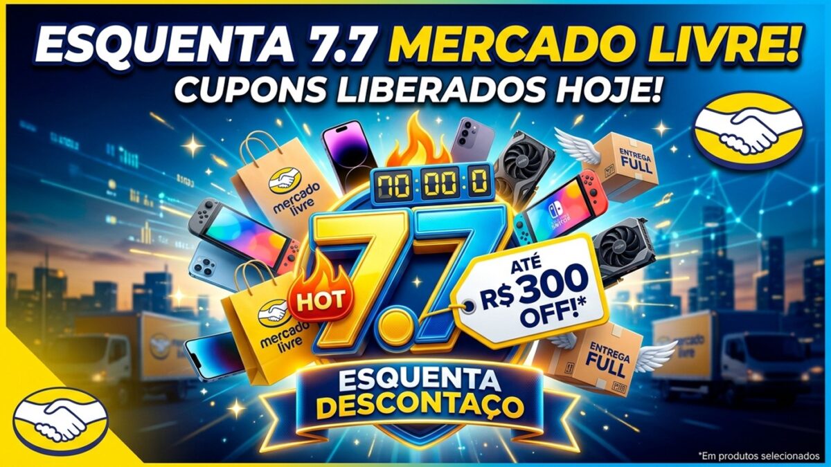 Sacolas de compras com a logo do Mercado Livre ao lado de smartphones e caixas de entrega rápida, destacando a promoção do Esquenta 7.7.
