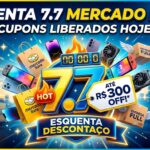 Sacolas de compras com a logo do Mercado Livre ao lado de smartphones e caixas de entrega rápida, destacando a promoção do Esquenta 7.7.